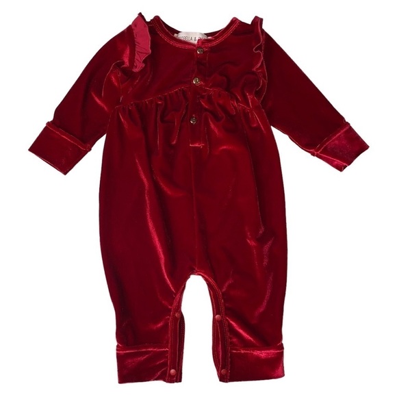 Isobella & Chloe Queen of Hearts‎ Velvet Deep Crimson Christmas Romper 9M - Picture 1 of 9